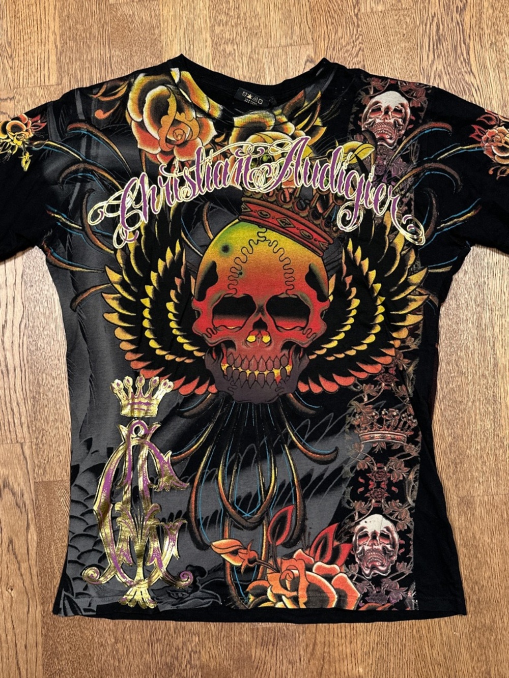 Christian Audigier All Over Print AOP Skull Floral Heart Gold T Shirt Mens Small